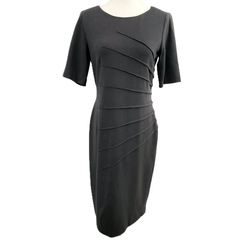 Calvin Klein Short Sleeve Knit Dress Size 8 Dark Gray Pleated Side Back Zipper